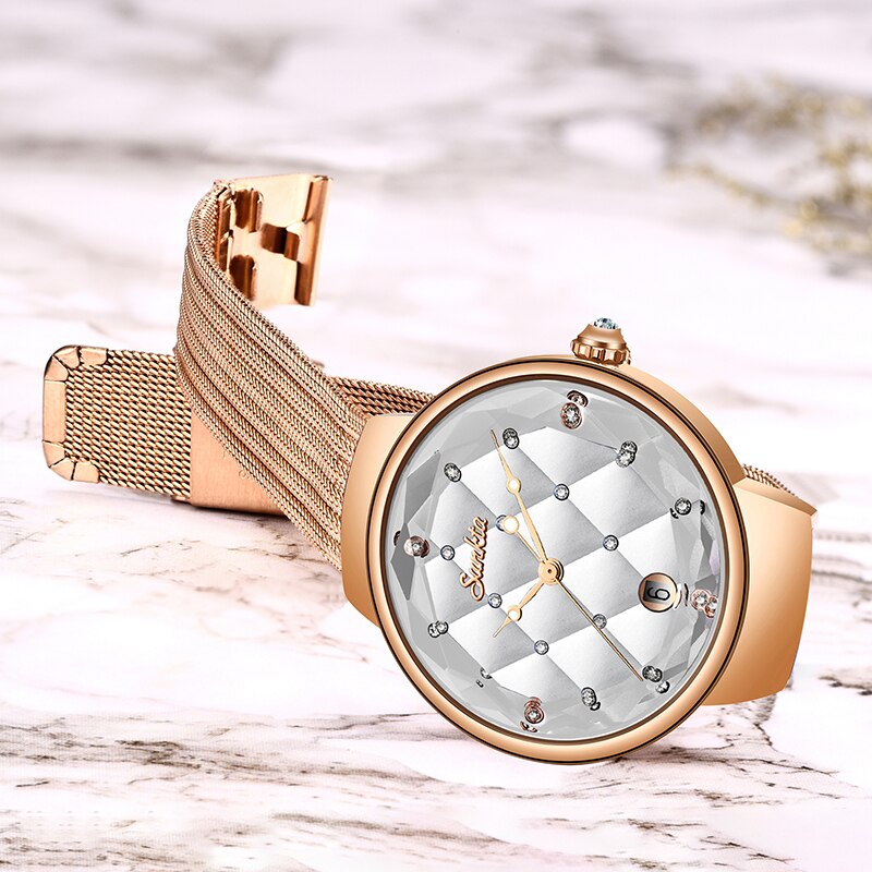 SUNKTA Women Watch Luxury Crystal Watch Women Waterproof Rose Gold Steel Strap Ladies WristWatches Top Brand Bracelet Clock+Box