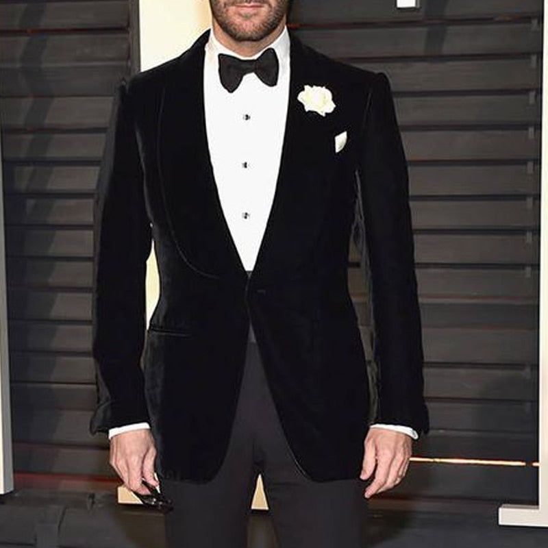 Two Piece Black Velvet Evening Party Men Suits 2019 New Style  Wedding Groom Tuxedos (Jacket+Pants)