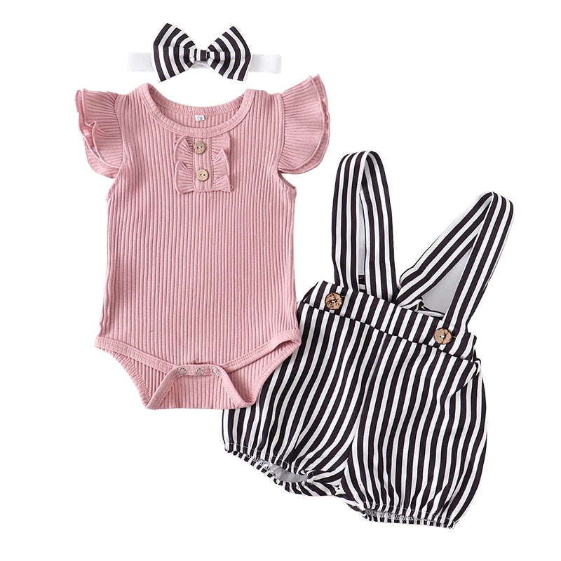 Baby Girl Summer Clothes Set Fashion Newborn Infant Knitting Cotton Ruffles Romper Shorts Bow Headband 3Pcs For Toddler Outfits