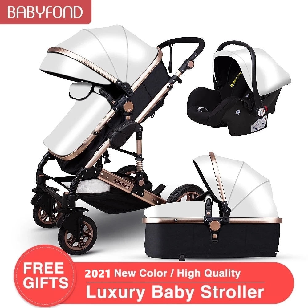 Babyfond Baby Stroller 3 in 1 High Landscape Baby Cart PU Leather Stroller With Car Seat 2 in 1 Luxury Baby Stroller CE Safety