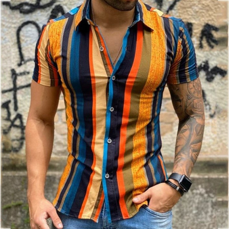 2022Summer New Mens Vintage Striped Shirt Fashion Casual Luxury Shirt Short Sleeve Hawaii Shirts For Men Blusas Camisa Masculina