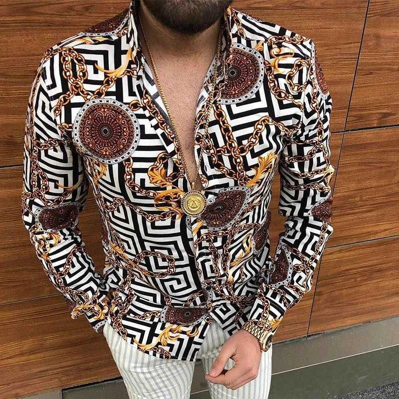 Autumn New Men Vintage Oversized Shirt Ethnic Printed Turndown Collar Long Sleeve Shirts Hawaiian Striped Shirt Mens Moda Hombre