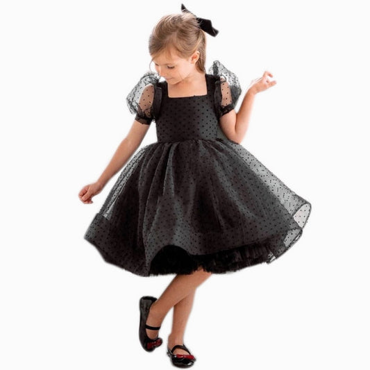 2021 New Summer Kids Girls Party Dresses Black Square Collar Puff Mesh Sleeves Dot Print Princess Dress Children Clothes E0506