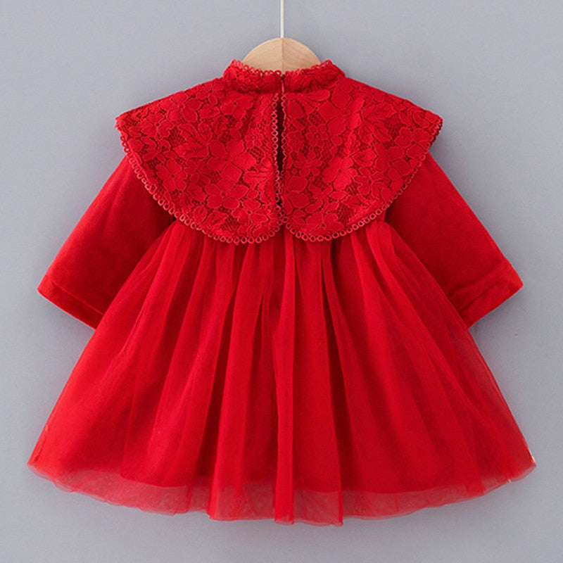 Baby Girl Tang Suits Chinese Style 2021 Winter Lace Shawl A-Line Girls Winter Dress Warm Red New Year Party Fairy Princess Dress