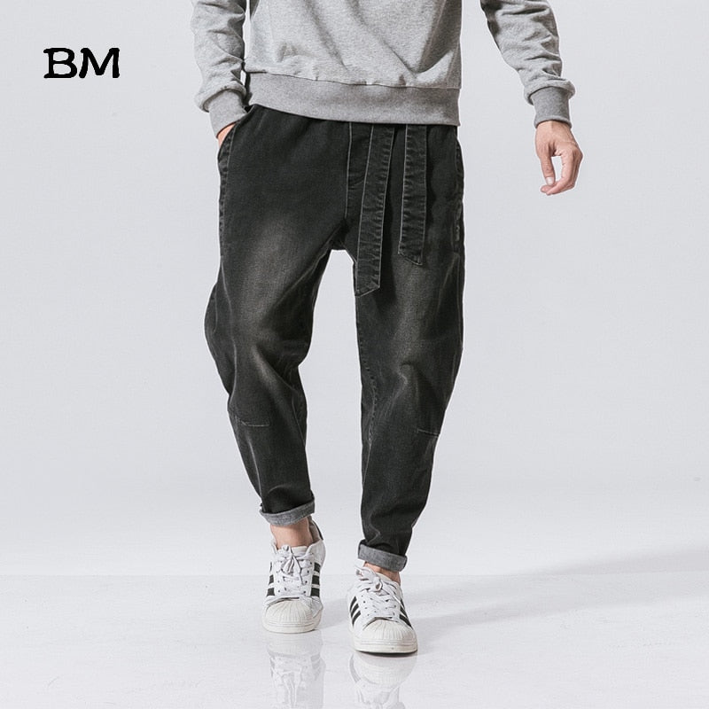 Streetwear High Quality Male Loose Feet Pants Chinese Retro Washed Loose Waist Jeans Harajkuku Baggy Harem Pants Men 5XL