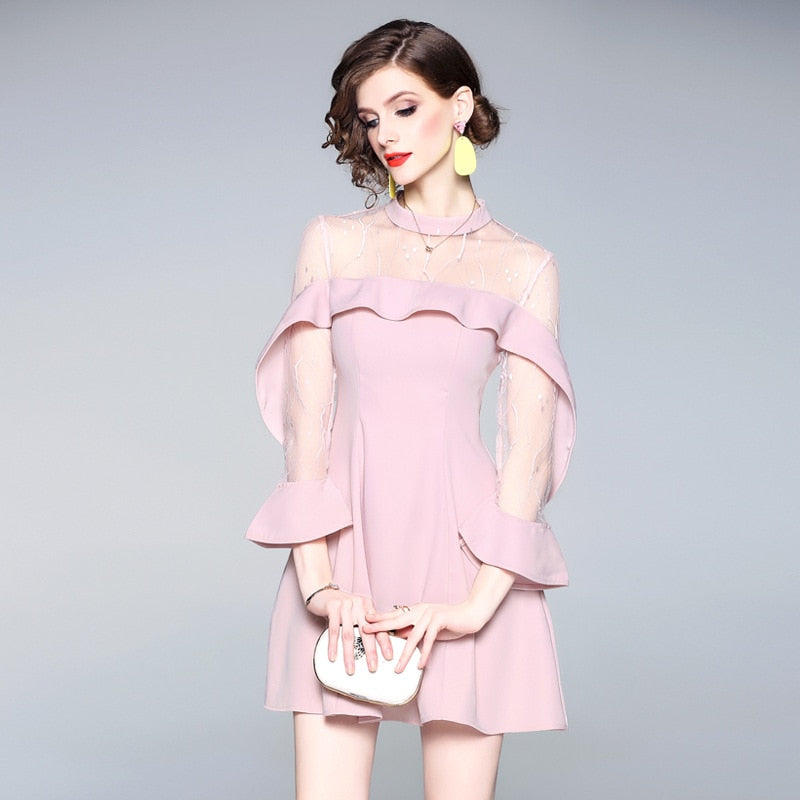 Spring and summer 2020 new women&#39;s mesh splicing Ruffle Dress celebrity perspective sheath dresses butterfly sleeve cloth