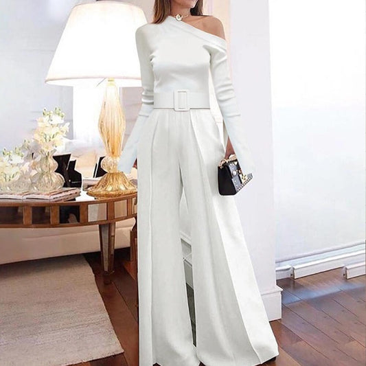 Fashion Jumpsuit Woman Long Sleeve Bodycon Tops&amp;long Pants White Women Rompers Elegant Wide Leg Flared Pants Jumpsuit