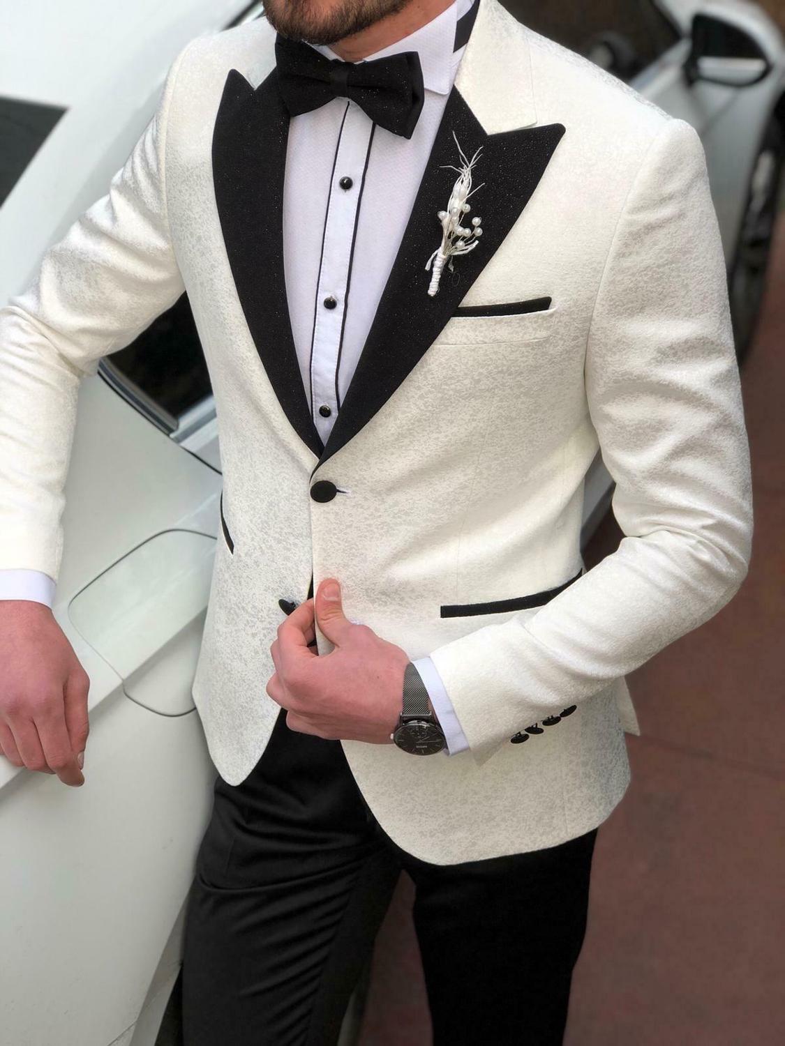 Formal White Mens Suits Wedding Groom Slim Fit Tuxedo Formal Jackets Coats Business Office Peak Lapel Bleizer Masculino 3 Pieces