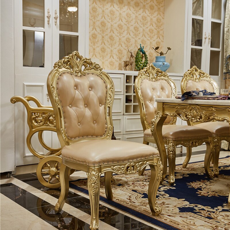 Champagne Marble Dining Table and Chairs European-style Long Luxury Dining Table Villa Solid Wood Carved Table