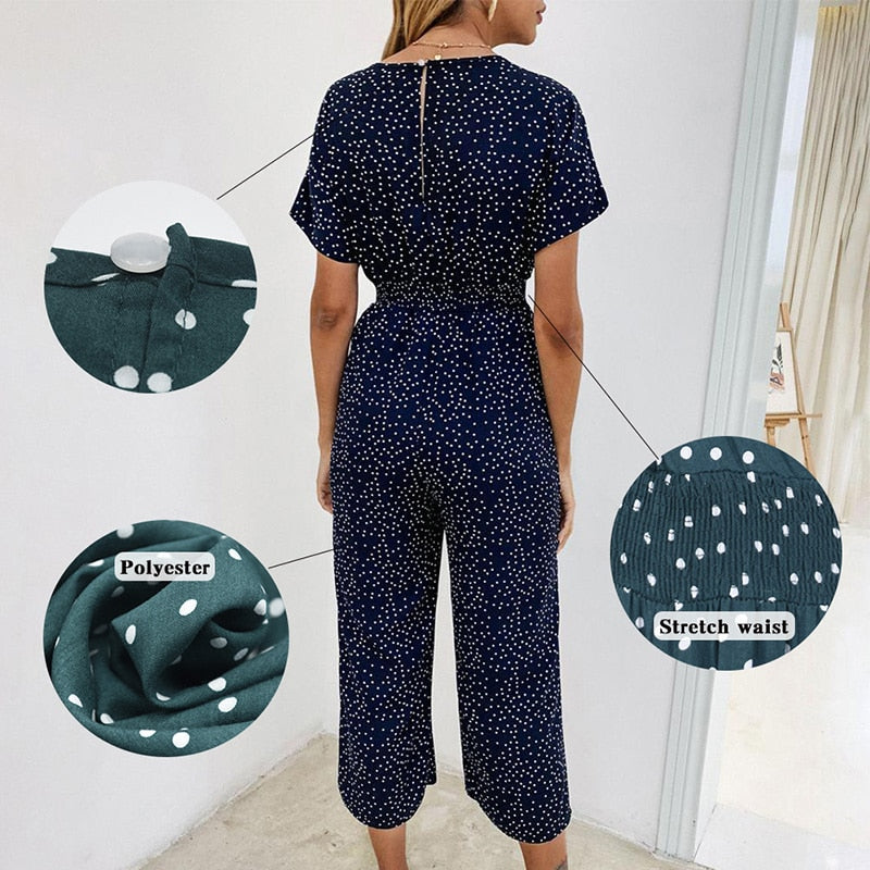 Jumpsuit Short Sleeve Wide Leg Loose Jumpsuit Women Jumpsuits Rompers Summer Casual Print V-neck Pocket Overalls 2022 Fashion