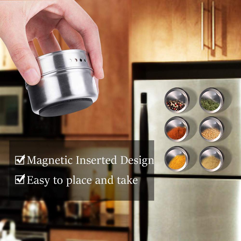 LMETJMA Magnetic Spice Jars With Wall Mounted Rack Stainless Steel Spice Tins Spice Seasoning Containers With Spice Label KC0305