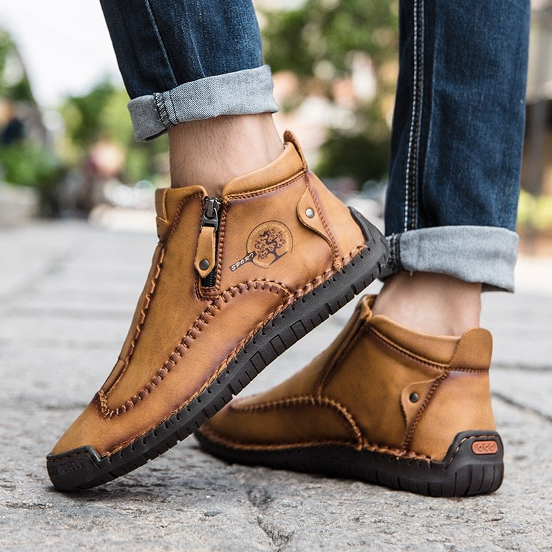 Spring Leather Men Short Boots Autumn Lace-up Flats Medium-top Shoes Outdoor Male Breathable Casual Shoes Handmade Men&#39;s Boots
