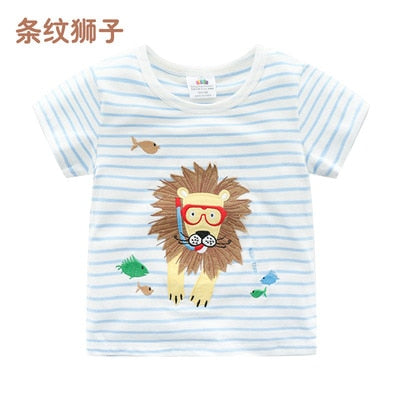 2023 Summer 2-10T Children&#39;S Birthday Clothing Dinosaur Car Striped Print Short Sleeve Basic Tops Cartoon T-Shirt For Kids Boy