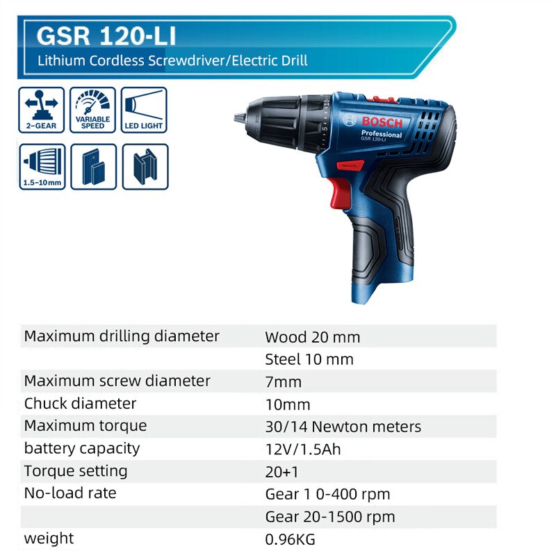 Original Bosch Electric Drill GSR 120-LI 12V Rechargeable Cordless Electric Drill Multi-function Home DIY Screwdriver Power Tool