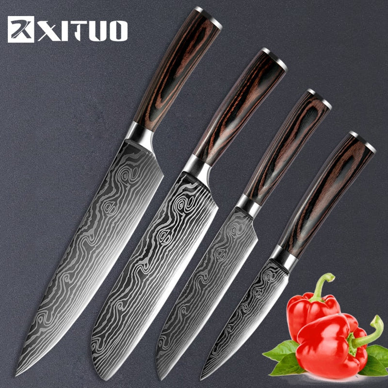 XITUO 1-5PCS set Chef Knife Japanese Stainless Steel Sanding Laser Pattern Knives Professional Sharp Blade Knife Cooking Tool