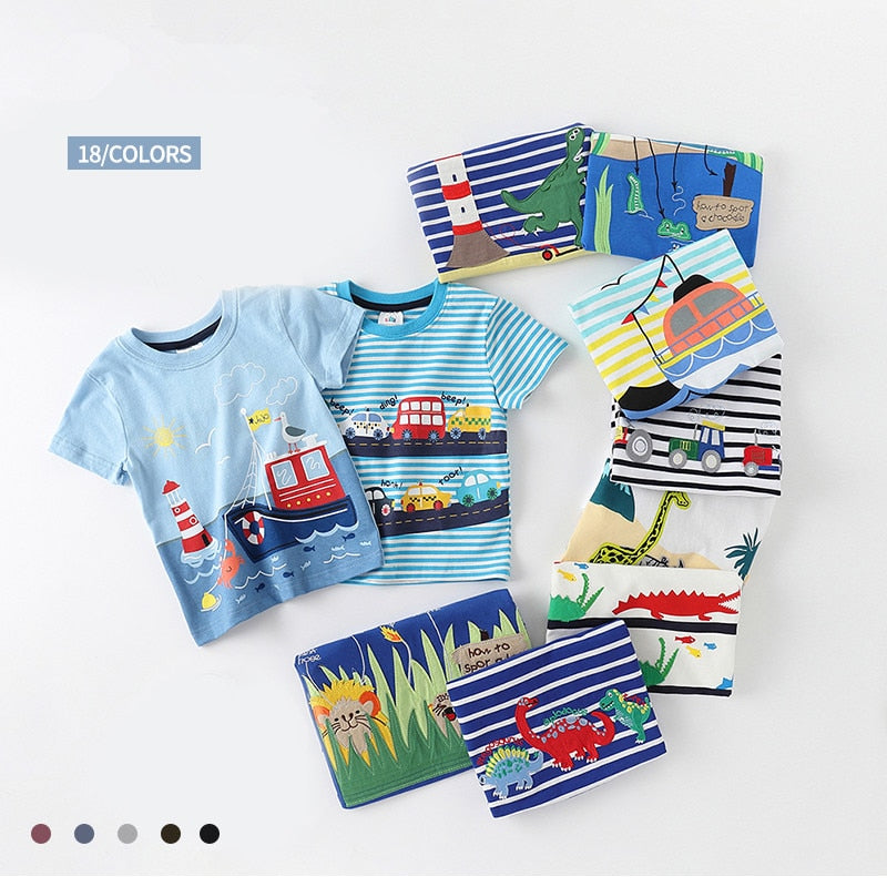 2023 Summer 2-10T Children&#39;S Birthday Clothing Dinosaur Car Striped Print Short Sleeve Basic Tops Cartoon T-Shirt For Kids Boy