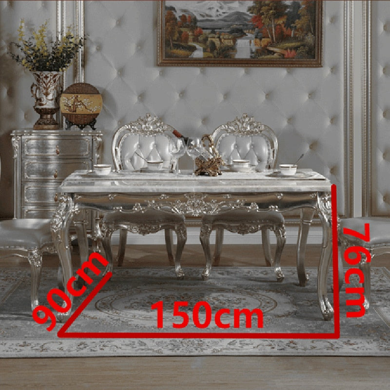 European-style Marble Dining Table and Chair Combination Champagne Rectangular Dining Table Solid Wood Carved Dining Chairs