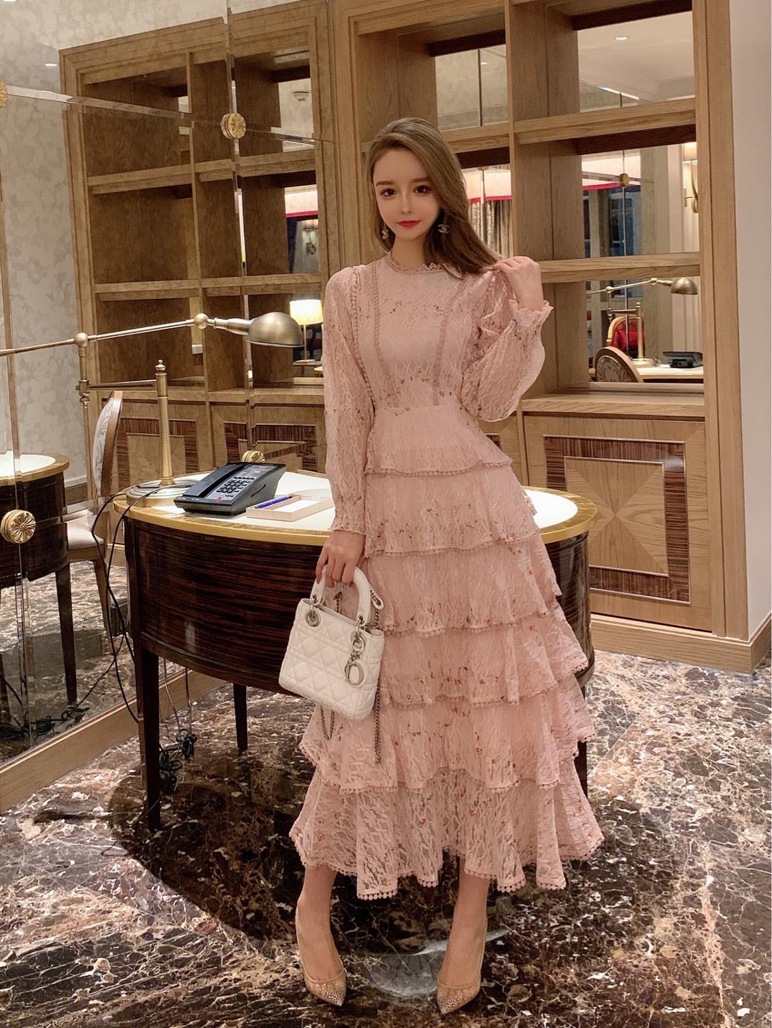 Vintage Spring Women Lace Embroidery Sweet Ruffles Layered Midi Long Dress Elegant Princess Party Holiday Dress Vestidos