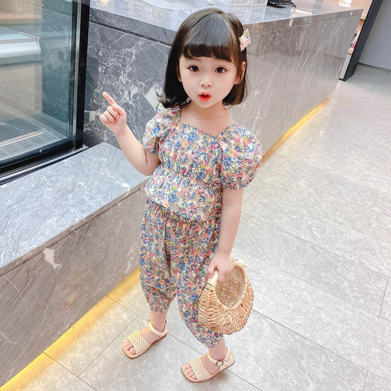 2pcs/set 2022 Children Clothes Floral Tshirt + Pants For Girls Casual Style Big Girls Clothes Summer Kids Tracksuit