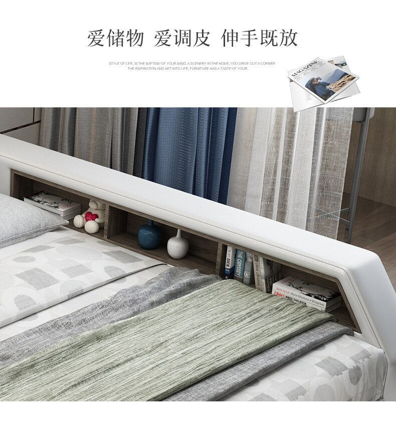 Genuine Leather multifunctional massage bed frame Nordic camas ultimate bed LED light Bluetooth speaker safe radio notepad board