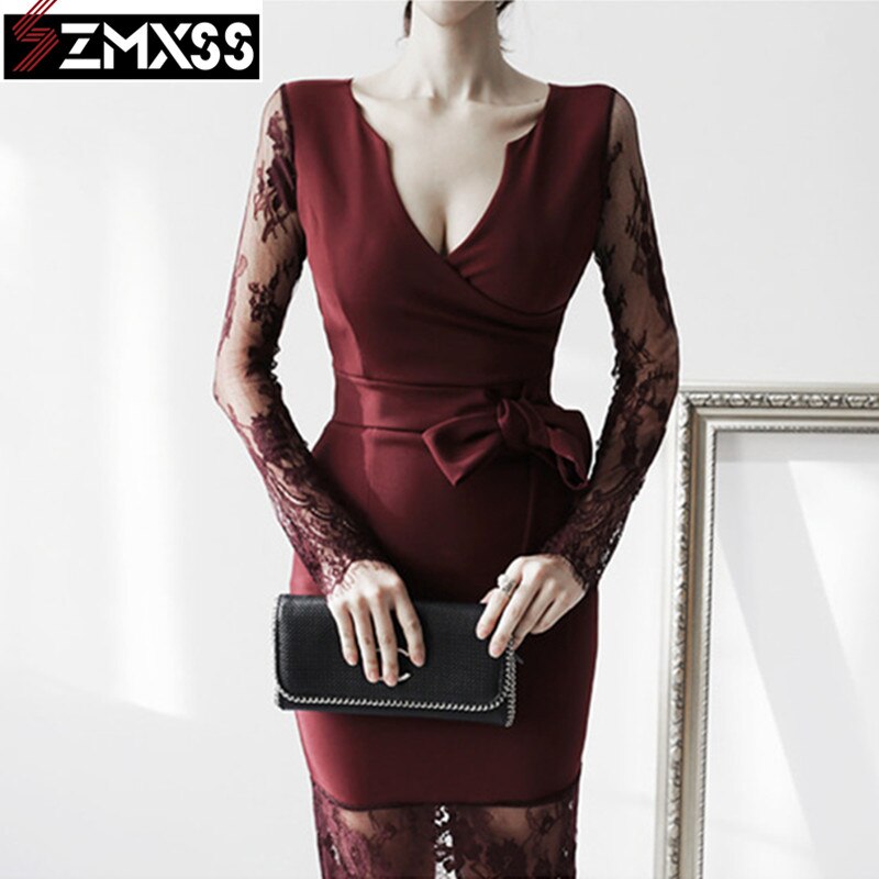 SZMXSS 2021 Korean Version Autumn New Women&#39;s Clothing V-Neck Pleated Slim Printed Pencil Dress Long-Sleeved Mini Dresses