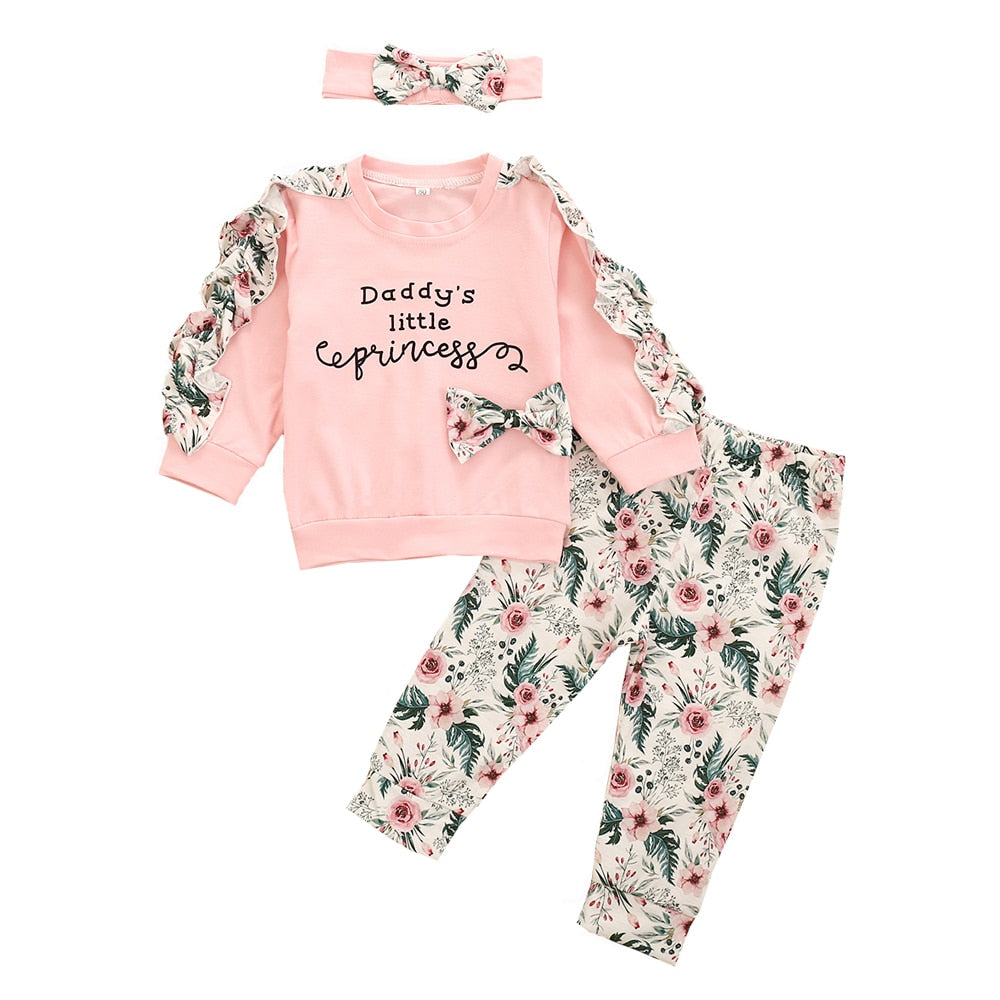 3pcs Infant Baby Girl Clothes Newborn Autumn Long Sleeve Ruffle Cotton Tops Floral Pants Headband Clothing Outfit Set Fall 0-24M