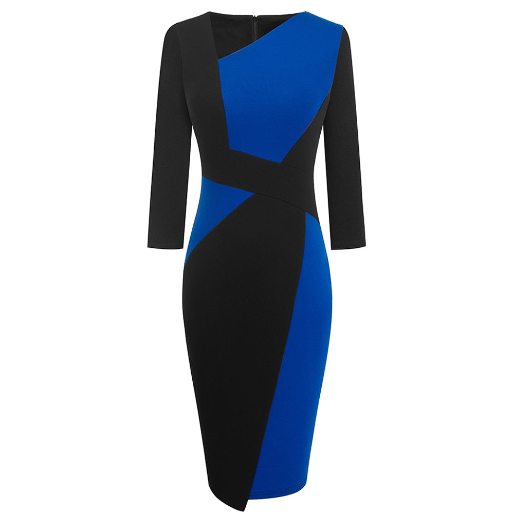 Vintage Women Patchwork Asymmetrical Collar Elegant Casual Work Office Sheath Slim Dress EB517