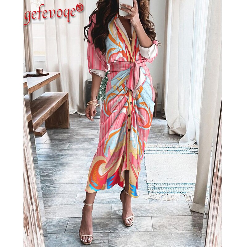 Striped Leopard Print Button Women&#39;s Dress Spring 2022 Elegantes Ankle Bandage Dress Half Sleeve Vintage Dress Shirt Beach Robe