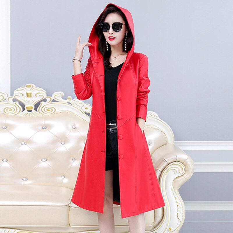 New Women Leather Trench Coat Spring Autumn 2022 Casual Fashion Hooded Solid Color Knee-Length Slim Long Sheepskin Overcoat