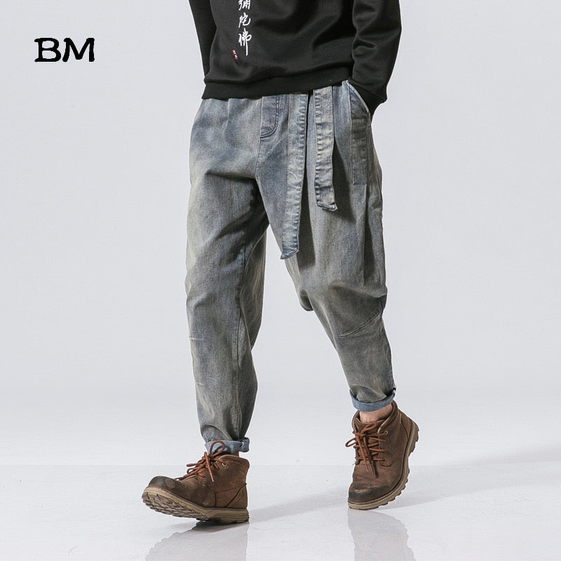 Streetwear High Quality Male Loose Feet Pants Chinese Retro Washed Loose Waist Jeans Harajkuku Baggy Harem Pants Men 5XL