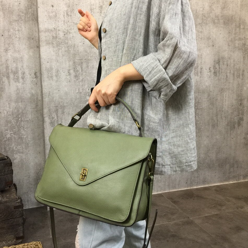 Women Briefcase Genuine Leather Handbags Female Commuter Lock Bag Simple Shoulder Messenger Bag Green 2022 Business Casual Soft