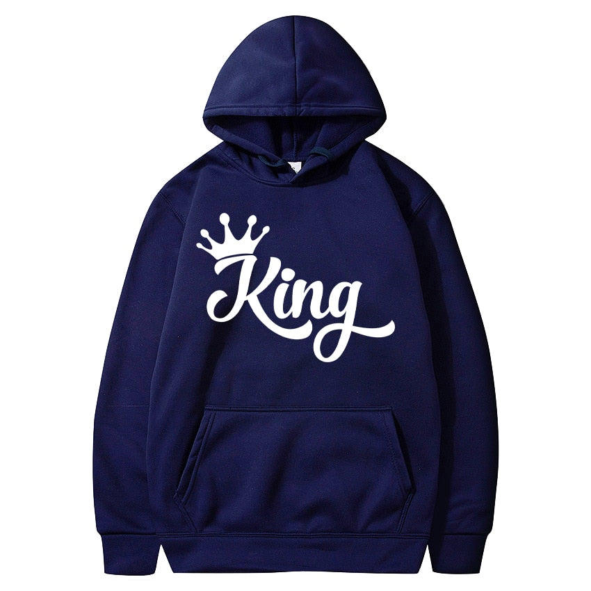 King or Queen Letters Printed Crown Design Couple Hooded Sweatshirt Men Autumn Winter Streetwear Lover Casual Pullover Hoodies