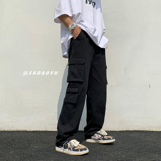 Black/white Casual Pants Men&#39;s Fashion Loose Straight Wide Leg Pants Men Streetwear Hip-hop Pocket Cargo Pants Mens Trousers