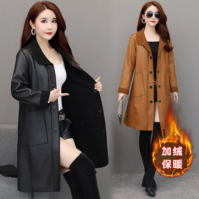 Winter warmth faux leather moto coat women black Brown  tops PU jacket 2020 new lapel leisure fashion plus thick coat