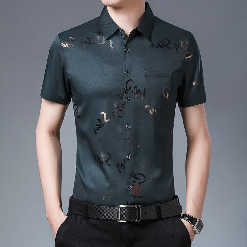 New Men Shirt High Quality Silk Print Summer Short sleeve Casual Shirts Men Slim Fit Camisa Masculina Drop Shipping C749