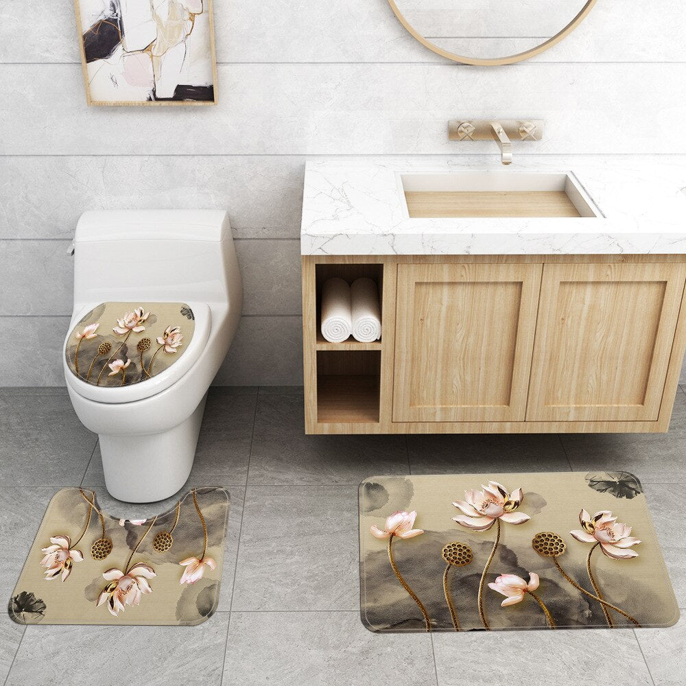 4pcs Floral Bathroom Carpet Bath Curtain Set Toilet Rugs and Shower Curtain Toilet Seat Cover Floor Mat Bathroom Mat Shower Mat