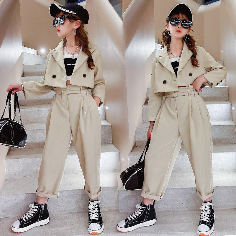 Girls Blazer Suits Clothing Sets Spring Autumn Kids Jackets+Pants with Belt Fashion Loose Formal Teenage Casual Outfits 4-14Year