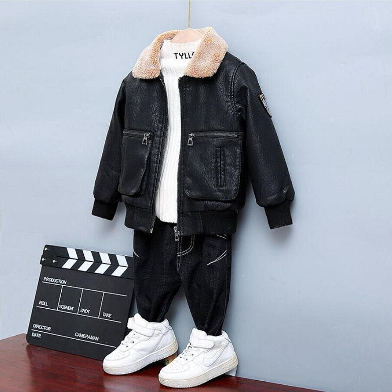 Children&#39;s Clothing Boys Coat Autumn Winter Lapel Plus Velvet Thick Leather Jacket For Boys Child Outwear PU Jacket Kids Tops