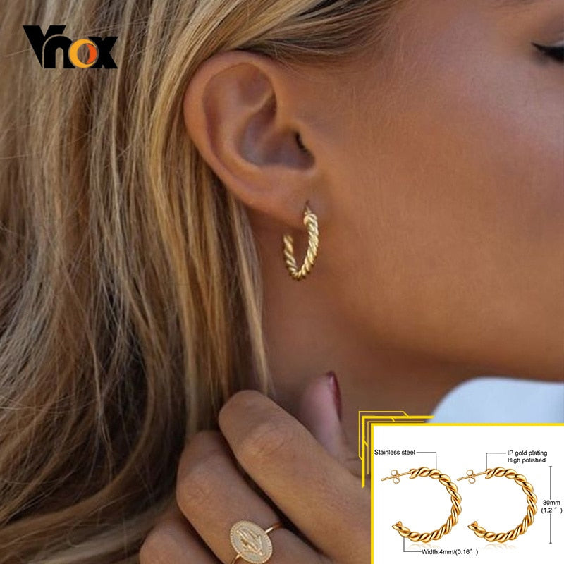 Vnox Minimalist Metal Hoop Earrings for Women, Gold Color Stainless Steel Chic Lady Girl Circle Earrings, Vintage Party Jewelry