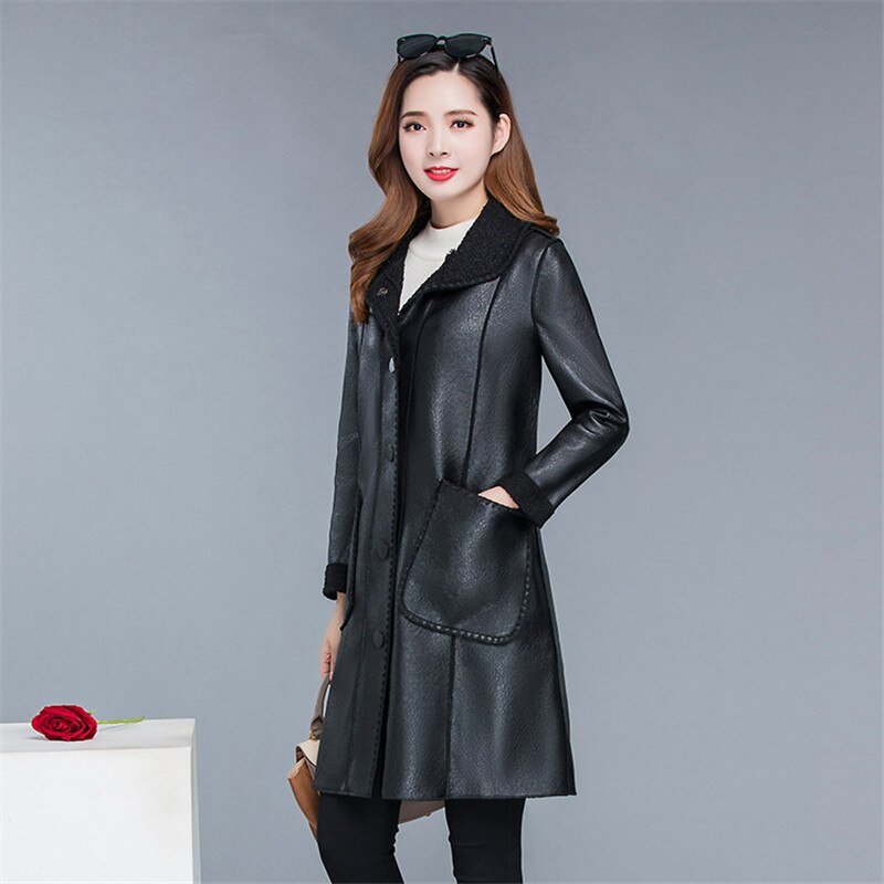 Winter warmth faux leather moto coat women black Brown  tops PU jacket 2020 new lapel leisure fashion plus thick coat