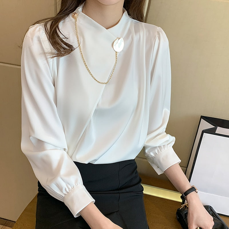 Women&#39;s Shirts Solid Satin Blouses for Women Chain Asymmetric Blouse Women Long Sleeve Top White O-neck Female 2022 Basic Shirt