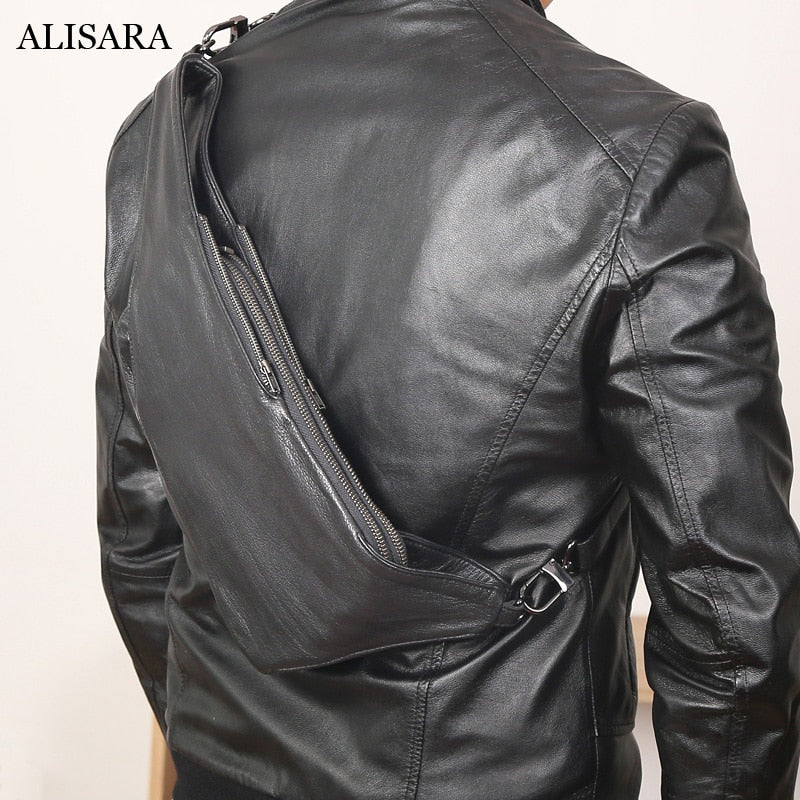 Alisara Male Chest Pack First Layer Sheepskin Leather Men Hand Bag Casual Big Capacity Messenger Crossbody Shoulder Daypack