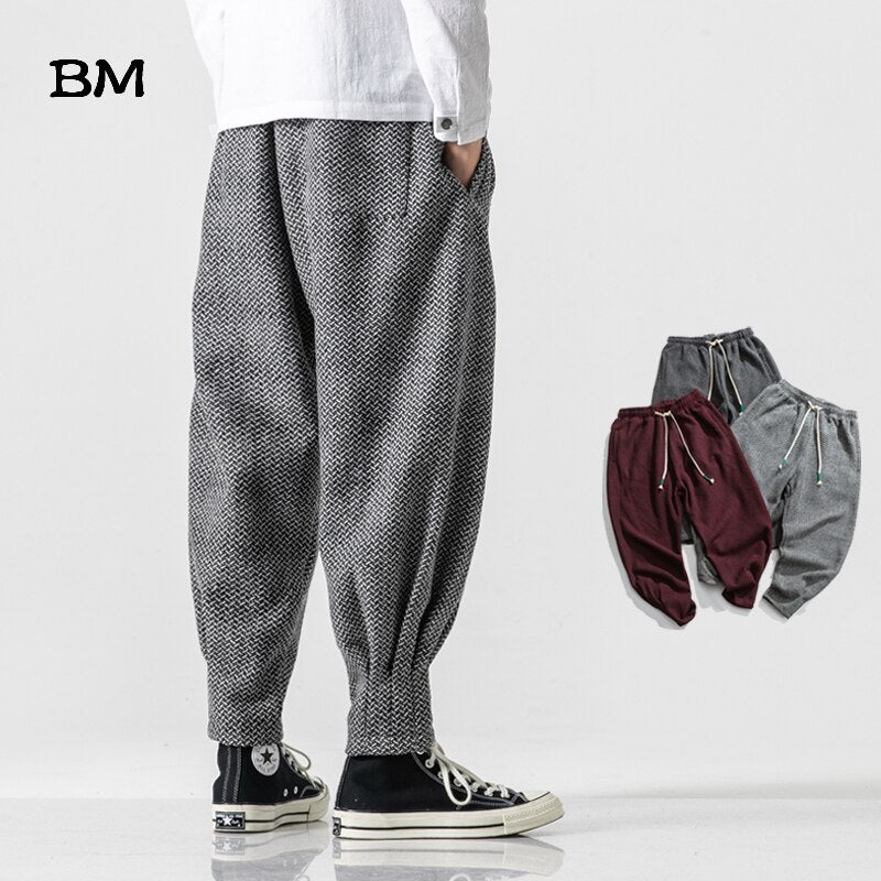 Baggy Pants Men Winter Thicken Wool Harem Pants Male Chinese Style Warm Oversize Trousers Male 2020 Japan Casual Plaid Pants