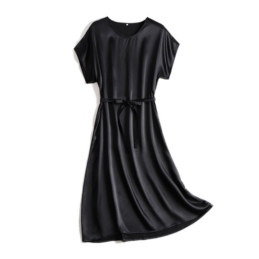 SuyaDream Woman Midi Dress 100%Silk Satin Solid Bat Sleeves Sashes Dresses 2022 Spring Summer Green Black Chic Dresses