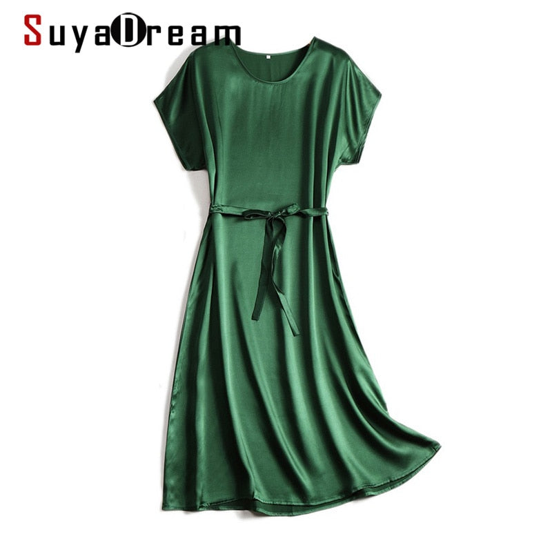 SuyaDream Woman Midi Dress 100%Silk Satin Solid Bat Sleeves Sashes Dresses 2022 Spring Summer Green Black Chic Dresses