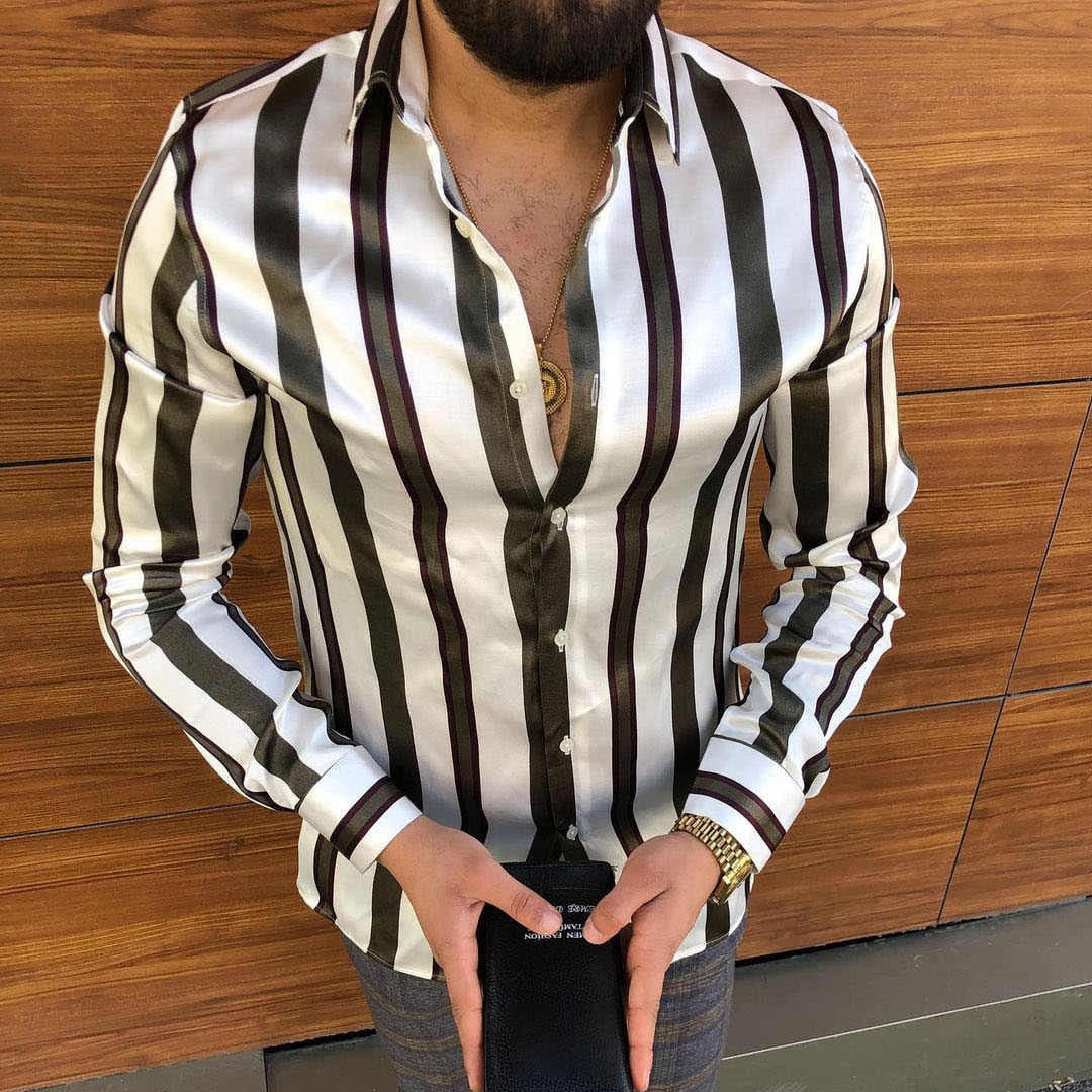 Autumn New Men Vintage Oversized Shirt Ethnic Printed Turndown Collar Long Sleeve Shirts Hawaiian Striped Shirt Mens Moda Hombre