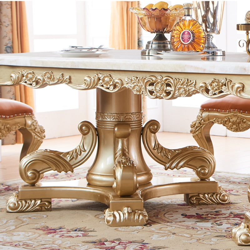 European-style Natural Marble Long Dining Table Luxurious Solid Wood Carved 2-meter 2.2-meter Golden