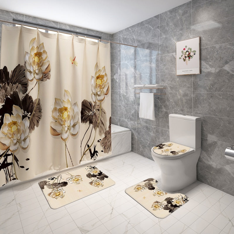 4pcs Floral Bathroom Carpet Bath Curtain Set Toilet Rugs and Shower Curtain Toilet Seat Cover Floor Mat Bathroom Mat Shower Mat