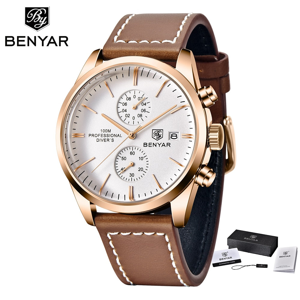 2022 New BENYAR Leather Men Quartz Wristwatches Luxury Brand 100M Waterproof Men Watch Military Sports Chronograph Watch for Men