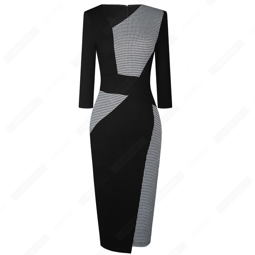 Vintage Women Patchwork Asymmetrical Collar Elegant Casual Work Office Sheath Slim Dress EB517